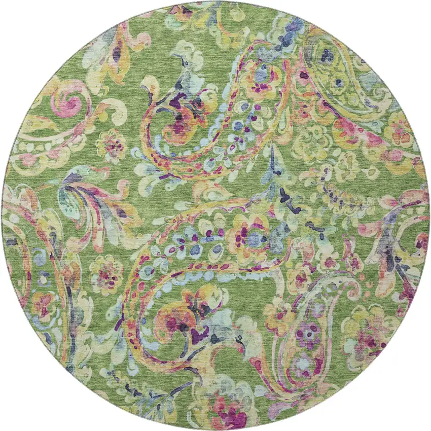 8' Fern Green Blue And Pink Paisley Washable Round Rug With UV Protection Photo 4