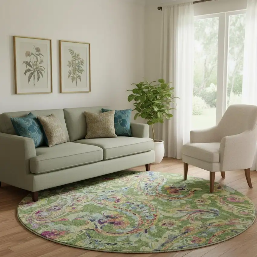 8' Fern Green Blue And Pink Paisley Washable Round Rug With UV Protection Photo 1