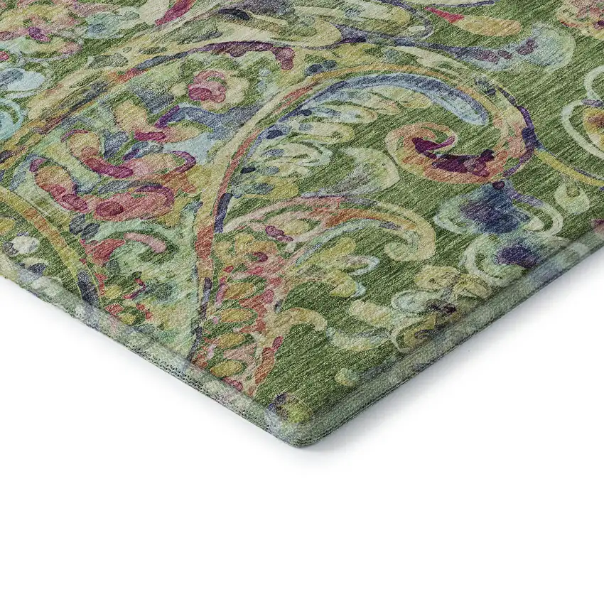 8' Fern Green Blue And Pink Paisley Washable Round Rug With UV Protection Photo 7