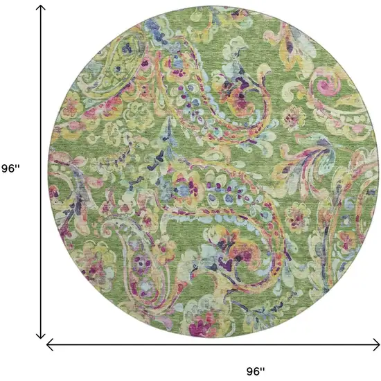 8' Fern Green Blue And Pink Paisley Washable Round Rug With UV Protection Photo 3