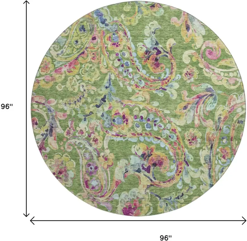 8' Fern Green Blue And Pink Paisley Washable Round Rug With UV Protection Photo 3