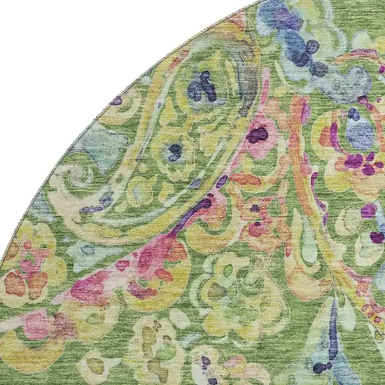 8' Fern Green Blue And Pink Paisley Washable Round Rug With UV Protection Photo 3