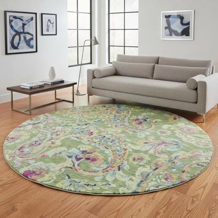 8' Fern Green Blue And Pink Paisley Washable Round Rug With UV Protection Photo 2