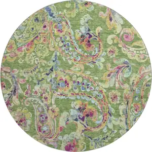 Photo of 8' Fern Green Blue And Pink Paisley Washable Round Rug With UV Protection