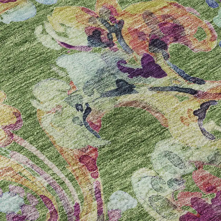 8' Fern Green Blue And Pink Paisley Washable Round Rug With UV Protection Photo 9