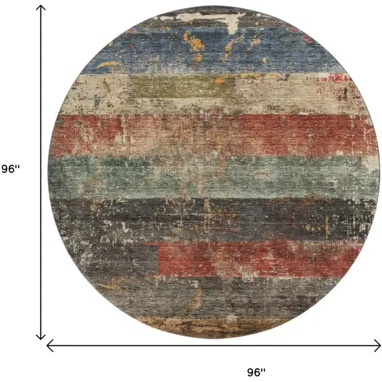 8' Fern Green Blue And Red Striped Washable Round Rug With UV Protection Photo 9