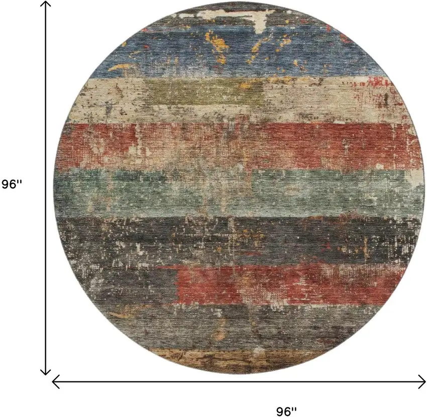 8' Fern Green Blue And Red Striped Washable Round Rug With UV Protection Photo 9
