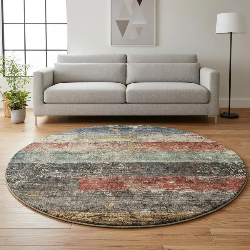 8' Fern Green Blue And Red Striped Washable Round Rug With UV Protection Photo 2