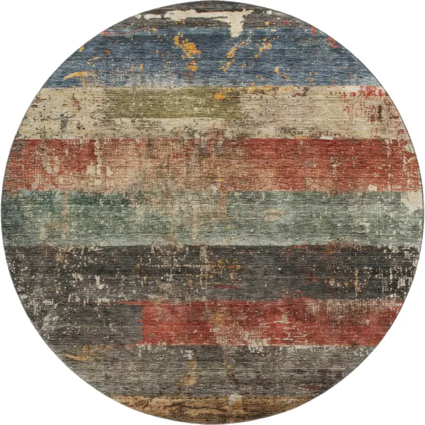 8' Fern Green Blue And Red Striped Washable Round Rug With UV Protection Photo 1