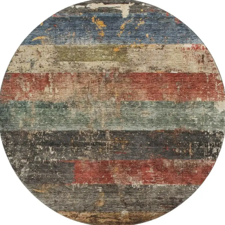 8' Fern Green Blue And Red Striped Washable Round Rug With UV Protection Photo 3