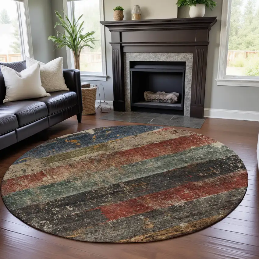 8' Fern Green Blue And Red Striped Washable Round Rug With UV Protection Photo 4