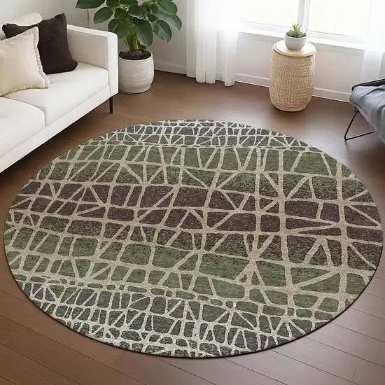 8' Fern Green Brown And Beige Round Geometric Washable Indoor Outdoor Area Rug Photo 5