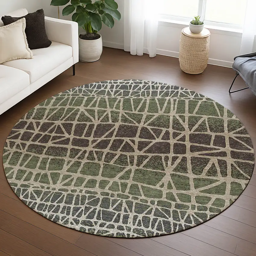 8' Fern Green Brown And Beige Round Geometric Washable Indoor Outdoor Area Rug Photo 5