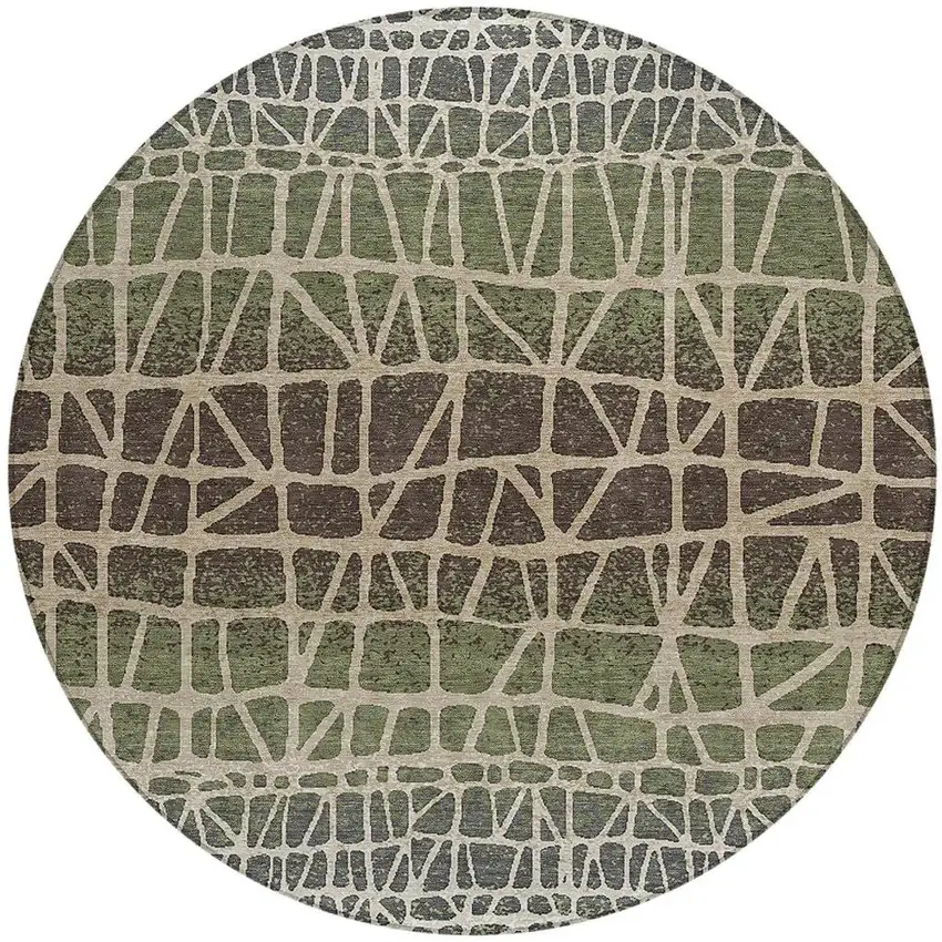 8' Fern Green Brown And Beige Round Geometric Washable Indoor Outdoor Area Rug Photo 3