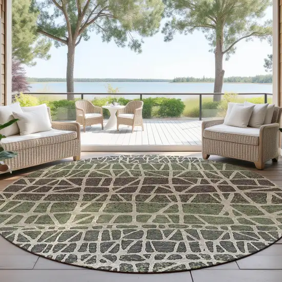 8' Fern Green Brown And Beige Round Geometric Washable Indoor Outdoor Area Rug Photo 4