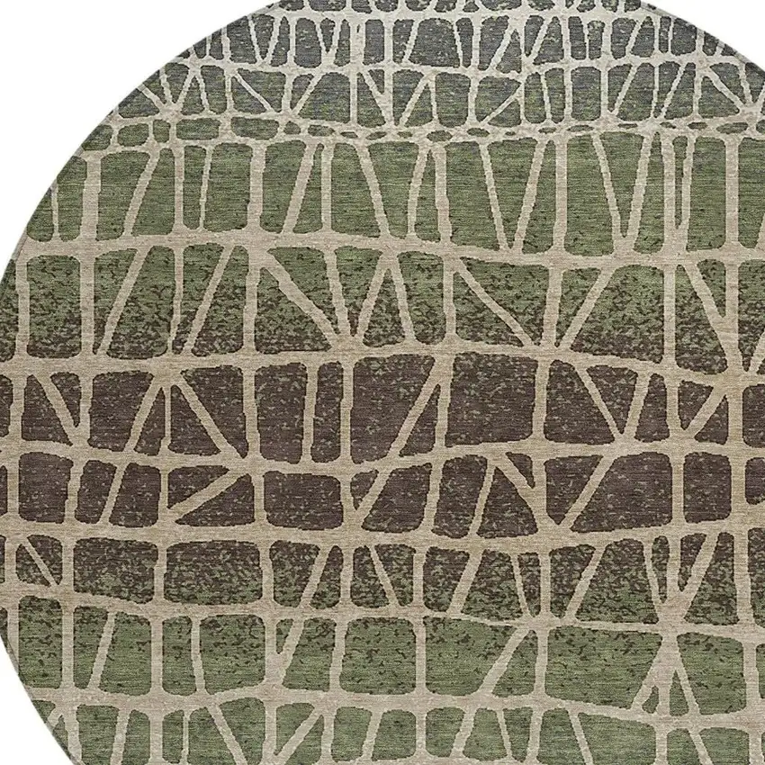8' Fern Green Brown And Beige Round Geometric Washable Indoor Outdoor Area Rug Photo 2