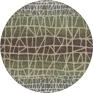 Photo of 8' Fern Green Brown And Beige Round Geometric Washable Indoor Outdoor Area Rug