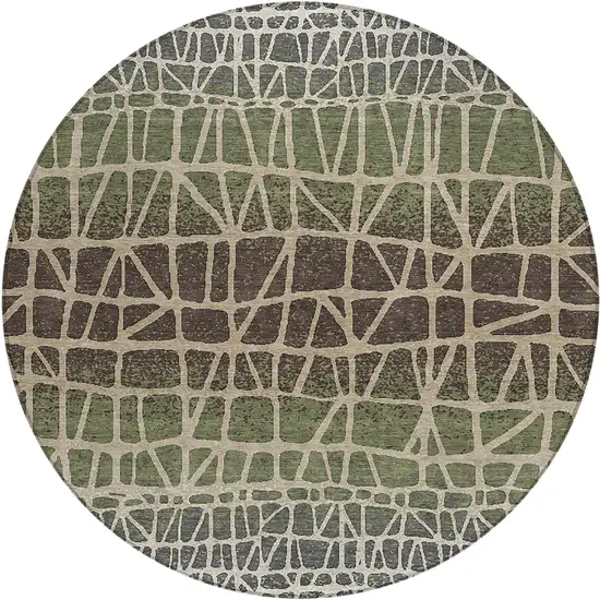 8' Fern Green Brown And Beige Round Geometric Washable Indoor Outdoor Area Rug Photo 1