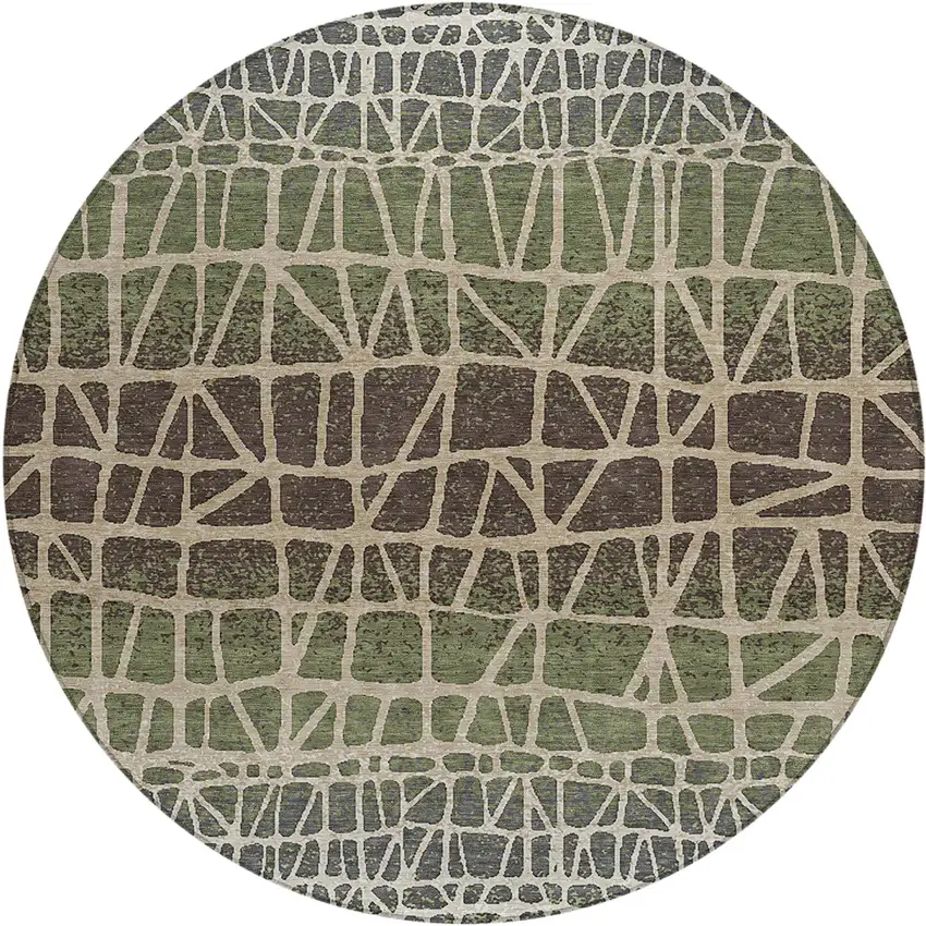 8' Fern Green Brown And Beige Round Geometric Washable Indoor Outdoor Area Rug Photo 1