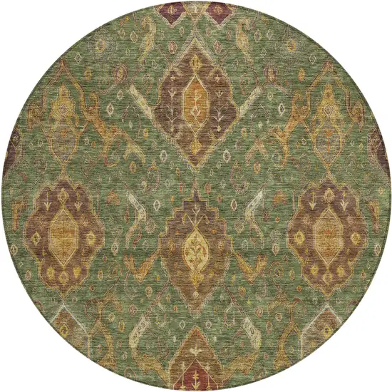 8' Fern Green Brown And Gold Round Ikat Washable Indoor Outdoor Area Rug Photo 2