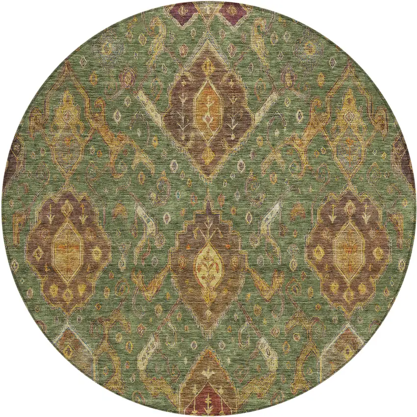 8' Fern Green Brown And Gold Round Ikat Washable Indoor Outdoor Area Rug Photo 2