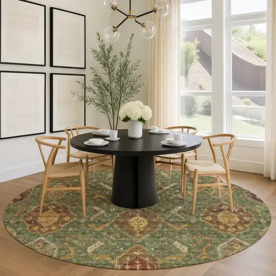 8' Fern Green Brown And Gold Round Ikat Washable Indoor Outdoor Area Rug Photo 9