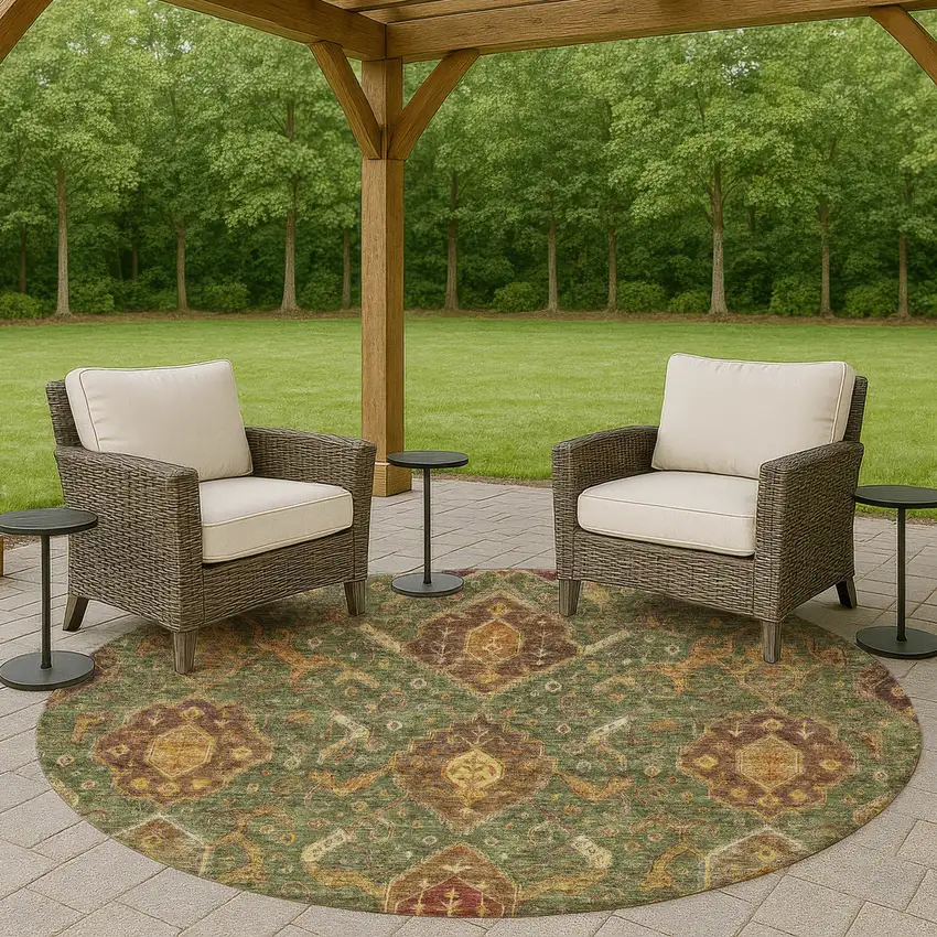 8' Fern Green Brown And Gold Round Ikat Washable Indoor Outdoor Area Rug Photo 8