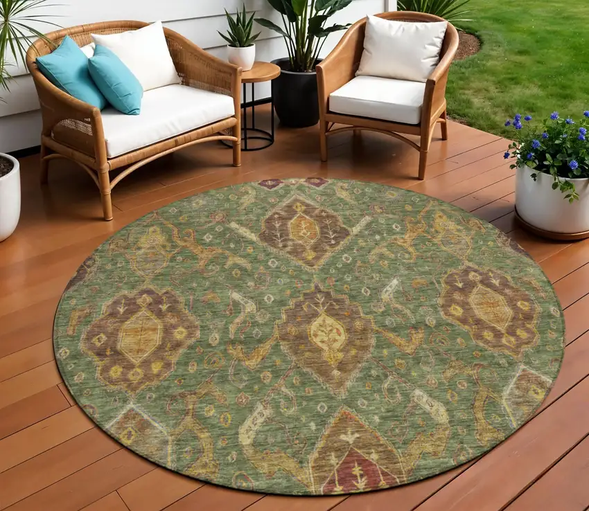 8' Fern Green Brown And Gold Round Ikat Washable Indoor Outdoor Area Rug Photo 1