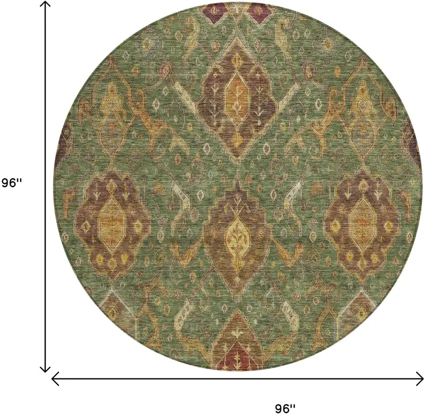 8' Fern Green Brown And Gold Round Ikat Washable Indoor Outdoor Area Rug Photo 3