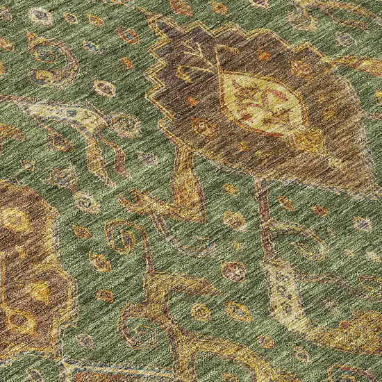 8' Fern Green Brown And Gold Round Ikat Washable Indoor Outdoor Area Rug Photo 7