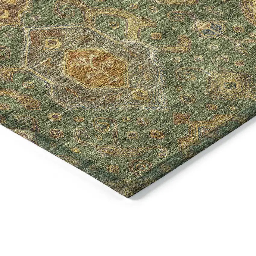 8' Fern Green Brown And Gold Round Ikat Washable Indoor Outdoor Area Rug Photo 6