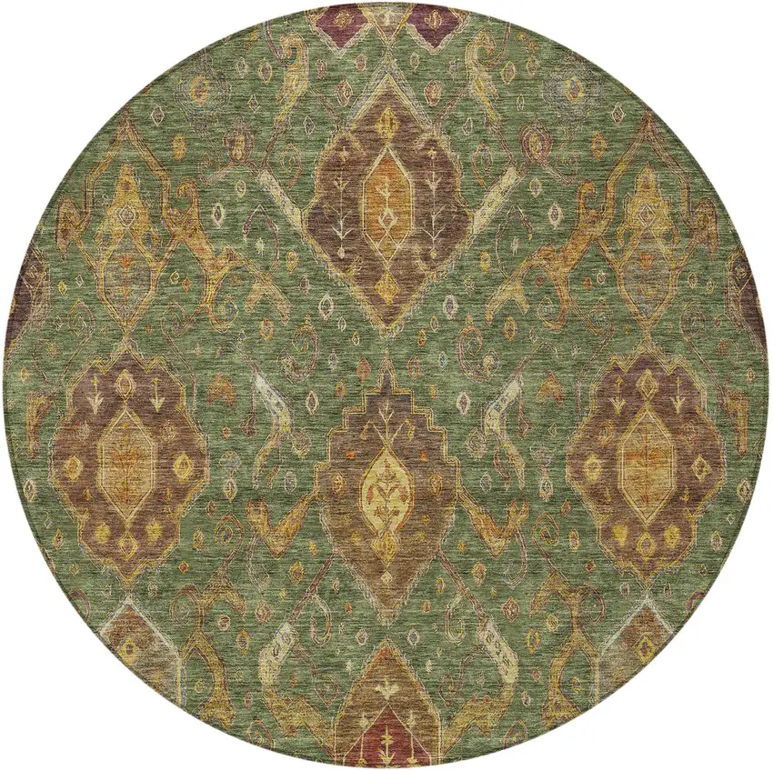 8' Fern Green Brown And Gold Round Ikat Washable Indoor Outdoor Area Rug Photo 4