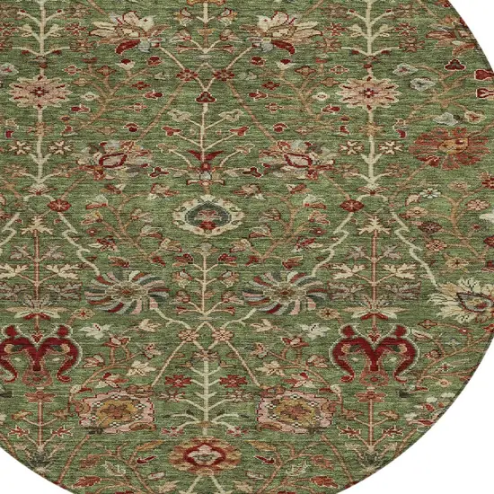 8' Fern Green Brown And Red Round Floral Washable Indoor Outdoor Area Rug Photo 6