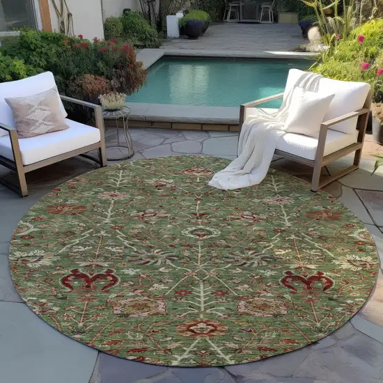 8' Fern Green Brown And Red Round Floral Washable Indoor Outdoor Area Rug Photo 8
