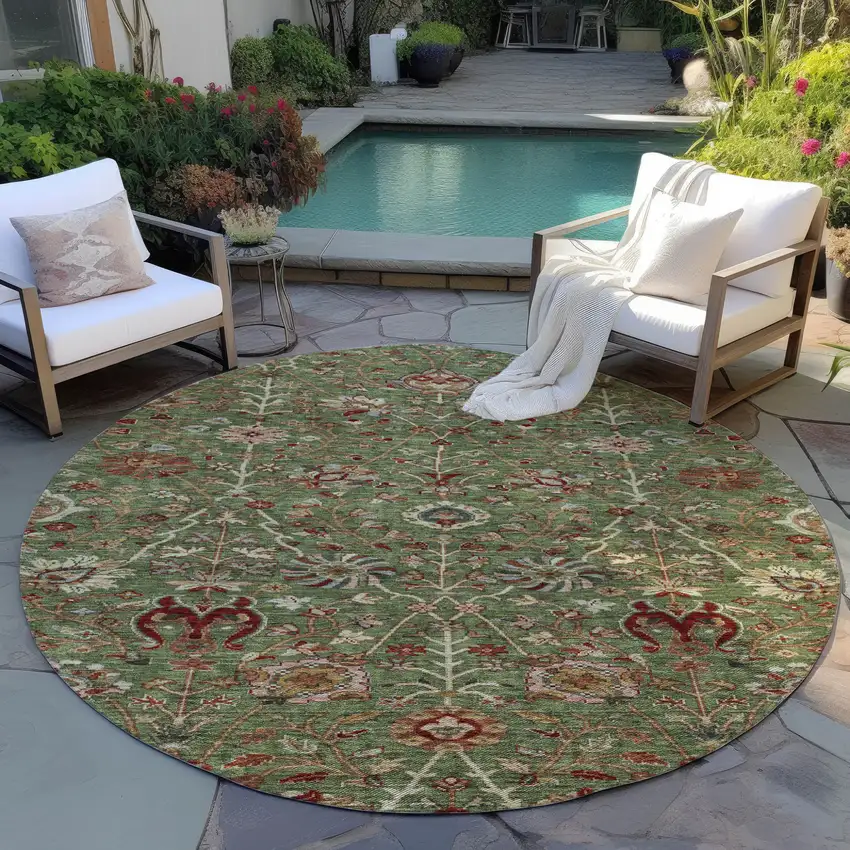 8' Fern Green Brown And Red Round Floral Washable Indoor Outdoor Area Rug Photo 8