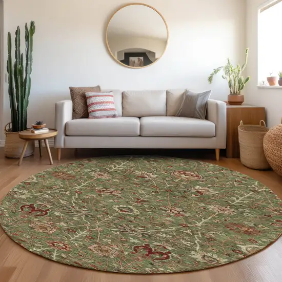 8' Fern Green Brown And Red Round Floral Washable Indoor Outdoor Area Rug Photo 9