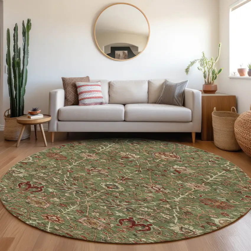 8' Fern Green Brown And Red Round Floral Washable Indoor Outdoor Area Rug Photo 9
