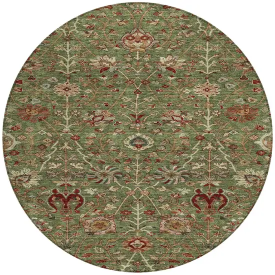 8' Fern Green Brown And Red Round Floral Washable Indoor Outdoor Area Rug Photo 7