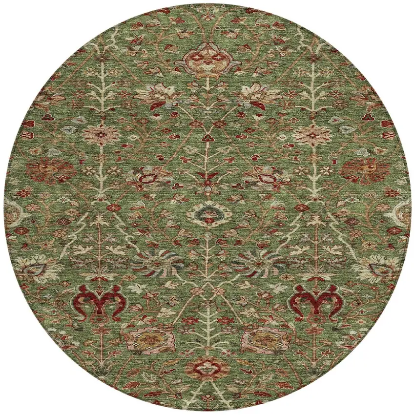 8' Fern Green Brown And Red Round Floral Washable Indoor Outdoor Area Rug Photo 7