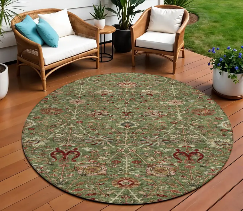 8' Fern Green Brown And Red Round Floral Washable Indoor Outdoor Area Rug Photo 1