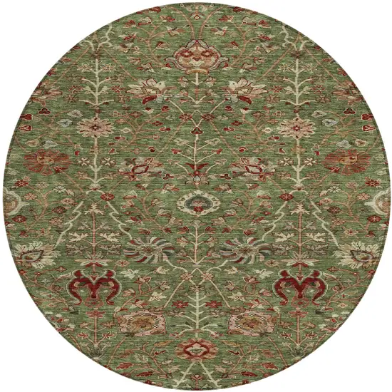 8' Fern Green Brown And Red Round Floral Washable Indoor Outdoor Area Rug Photo 2