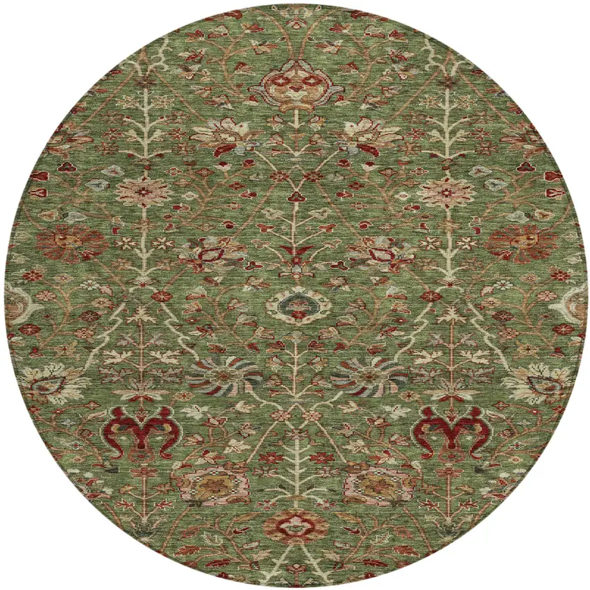 8' Fern Green Brown And Red Round Floral Washable Indoor Outdoor Area Rug Photo 2