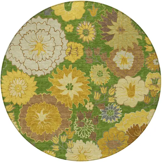 8' Fern Green Gold And Beige Round Floral Washable Indoor Outdoor Area Rug Photo 4
