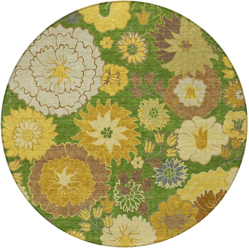 8' Fern Green Gold And Beige Round Floral Washable Indoor Outdoor Area Rug Photo 4