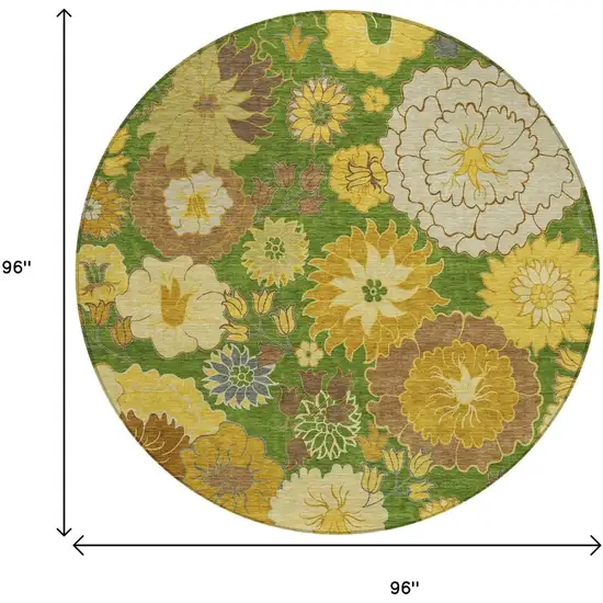 8' Fern Green Gold And Beige Round Floral Washable Indoor Outdoor Area Rug Photo 3