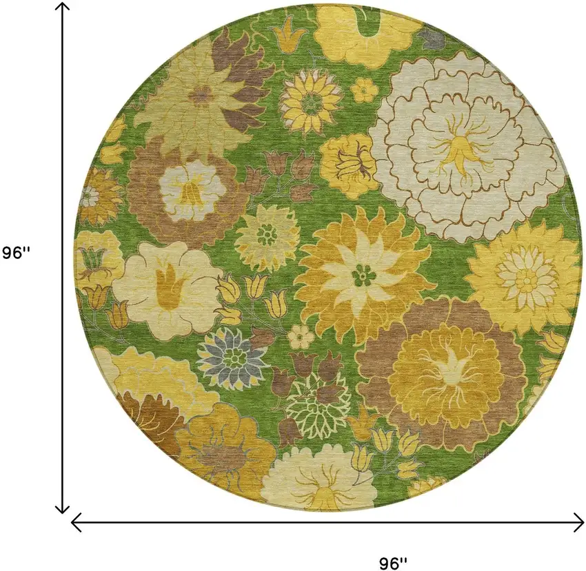 8' Fern Green Gold And Beige Round Floral Washable Indoor Outdoor Area Rug Photo 3