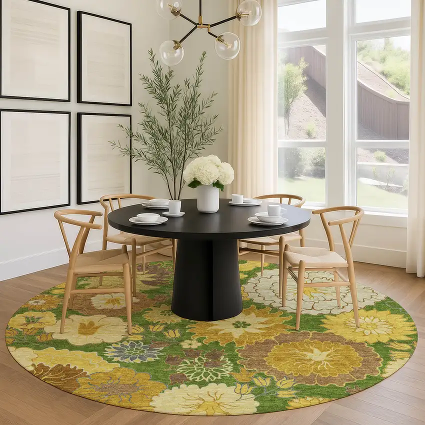 8' Fern Green Gold And Beige Round Floral Washable Indoor Outdoor Area Rug Photo 9