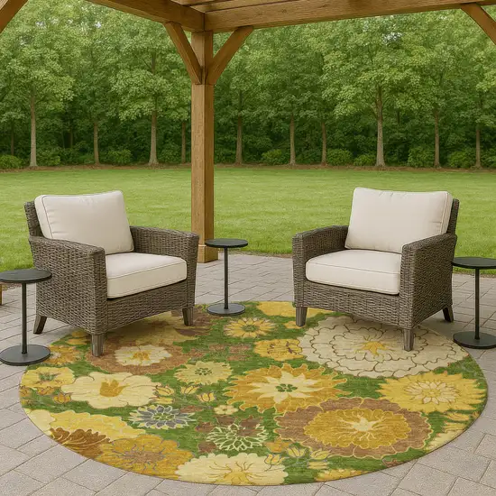 8' Fern Green Gold And Beige Round Floral Washable Indoor Outdoor Area Rug Photo 9