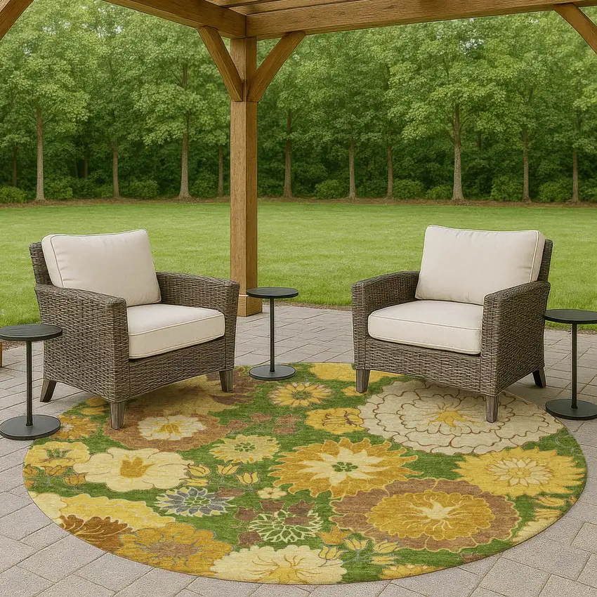 8' Fern Green Gold And Beige Round Floral Washable Indoor Outdoor Area Rug Photo 9