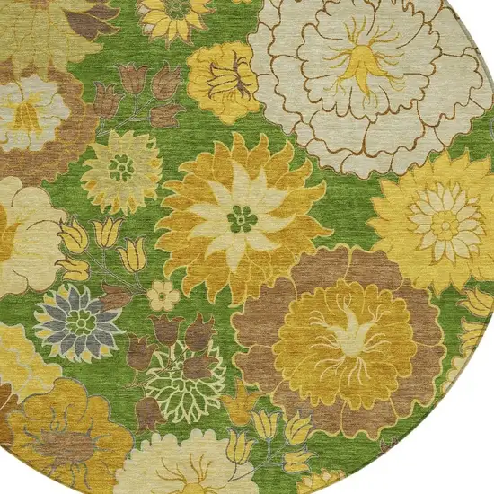 8' Fern Green Gold And Beige Round Floral Washable Indoor Outdoor Area Rug Photo 7